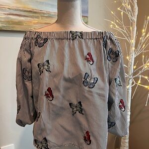 Zara Black and White Striped Blouse with Butterfly Design Small